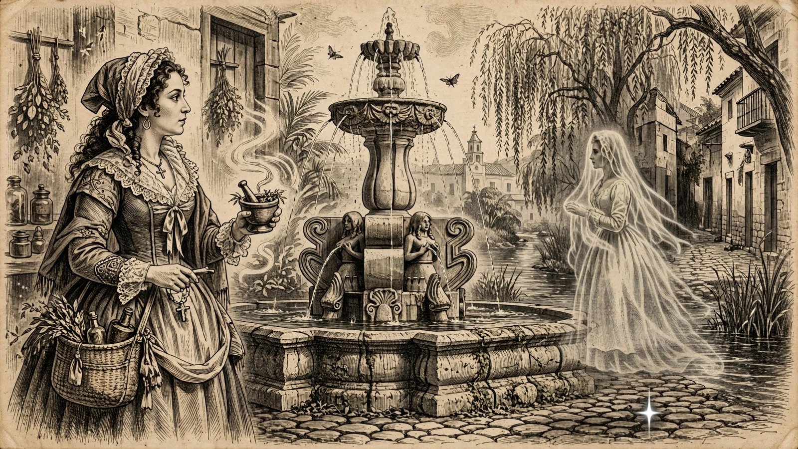 Ilustración antigua de leyendas de Veracruz con la Mulata de Córdoba bruja, fuente colonial y fantasma de la Llorona en el río