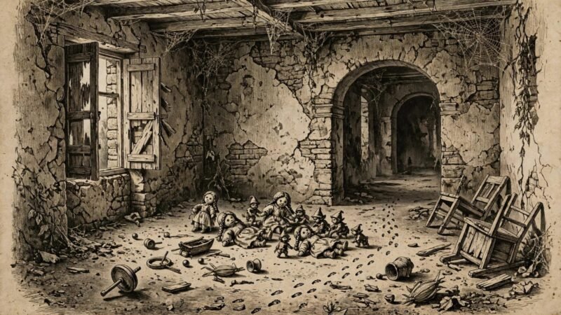 Interior de la casa abandonada de los duendes en Córdoba con muñecas de trapo con trenzas y huellas pequeñas en el polvo estilo grabado 1800