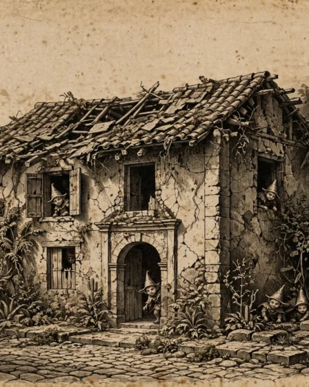 Casa abandonada de los duendes de Córdoba Veracruz con duendes pequeños en ventanas estilo grabado 1800