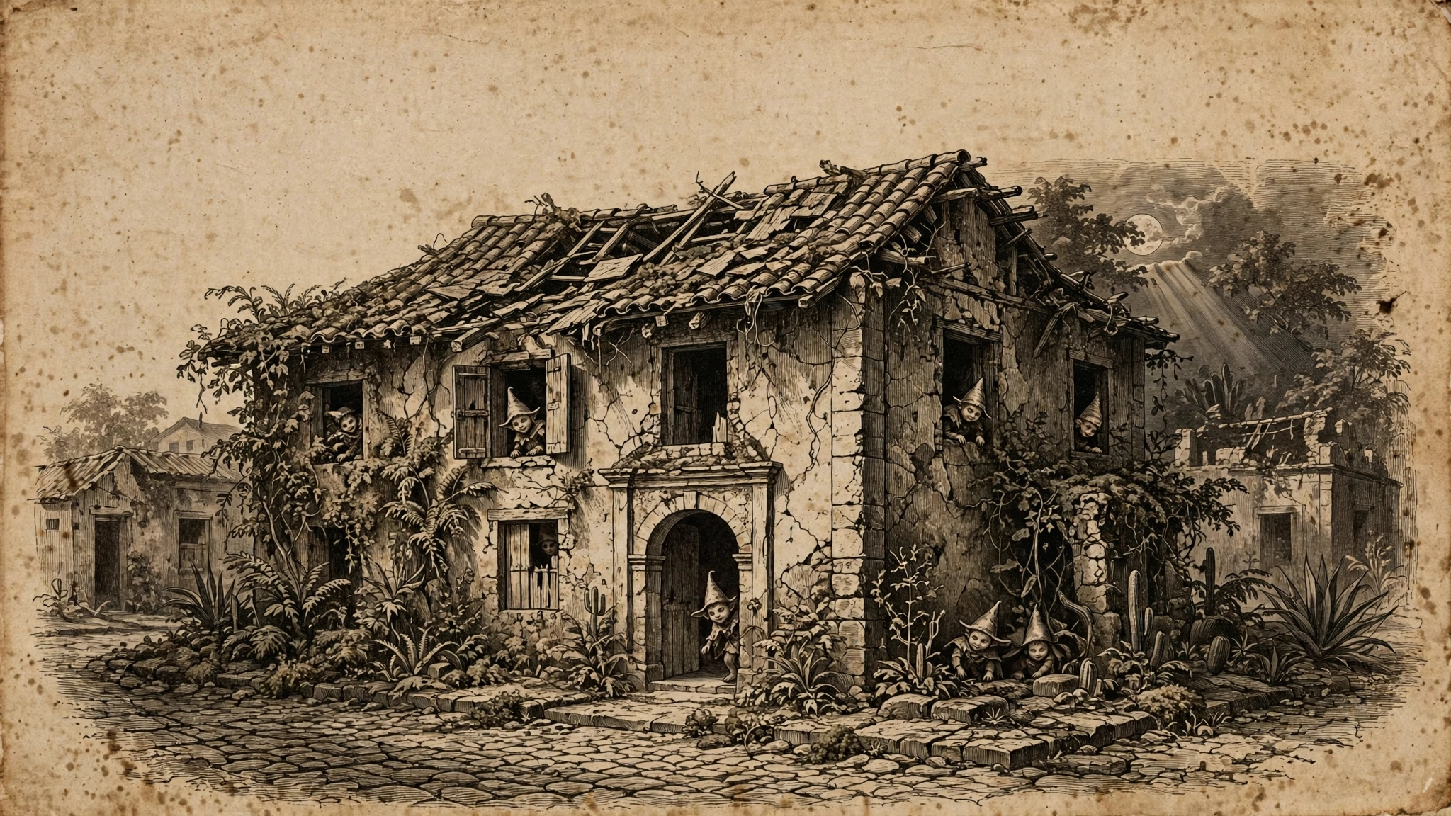 Casa abandonada de los duendes de Córdoba Veracruz con duendes pequeños en ventanas estilo grabado 1800