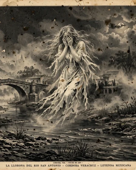 Llorona del Río San Antonio Córdoba Veracruz flotando sobre el agua de noche grabado histórico