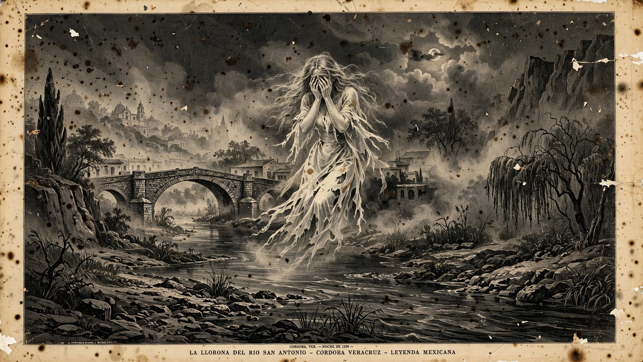 Llorona del Río San Antonio Córdoba Veracruz flotando sobre el agua de noche grabado histórico