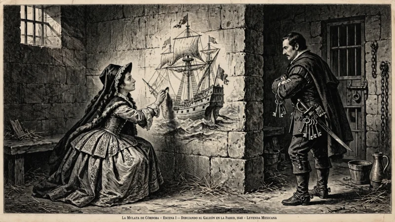 Ilustración vintage de la Mulata de Córdoba con vestido colonial sosteniendo mortero de hierbas frente a edificio de la Inquisición en Córdoba Veracruz