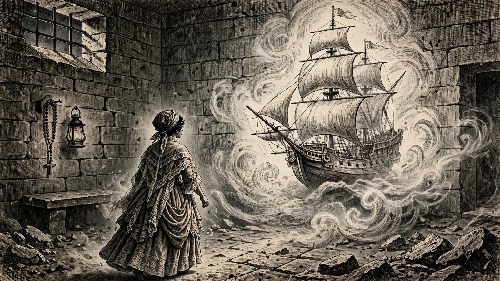 Dibujo a lápiz estilo colonial 1800 de la Mulata de Córdoba caminando de espaldas hacia un barco fantasma que emerge de la cárcel de la Inquisición