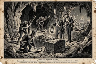 Soldados franceses enterrando cofre en cueva del Cerro del Borrego en 1862