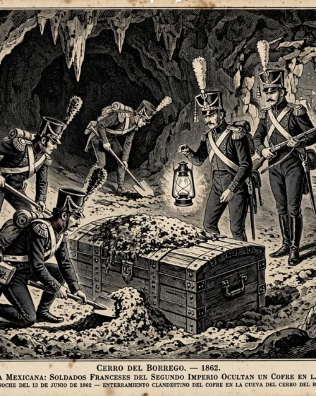 Soldados franceses enterrando cofre en cueva del Cerro del Borrego en 1862