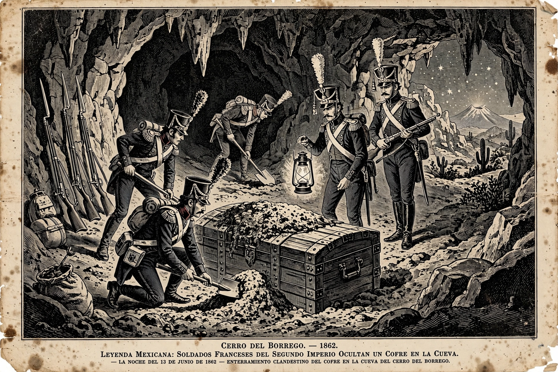 Soldados franceses enterrando cofre en cueva del Cerro del Borrego en 1862